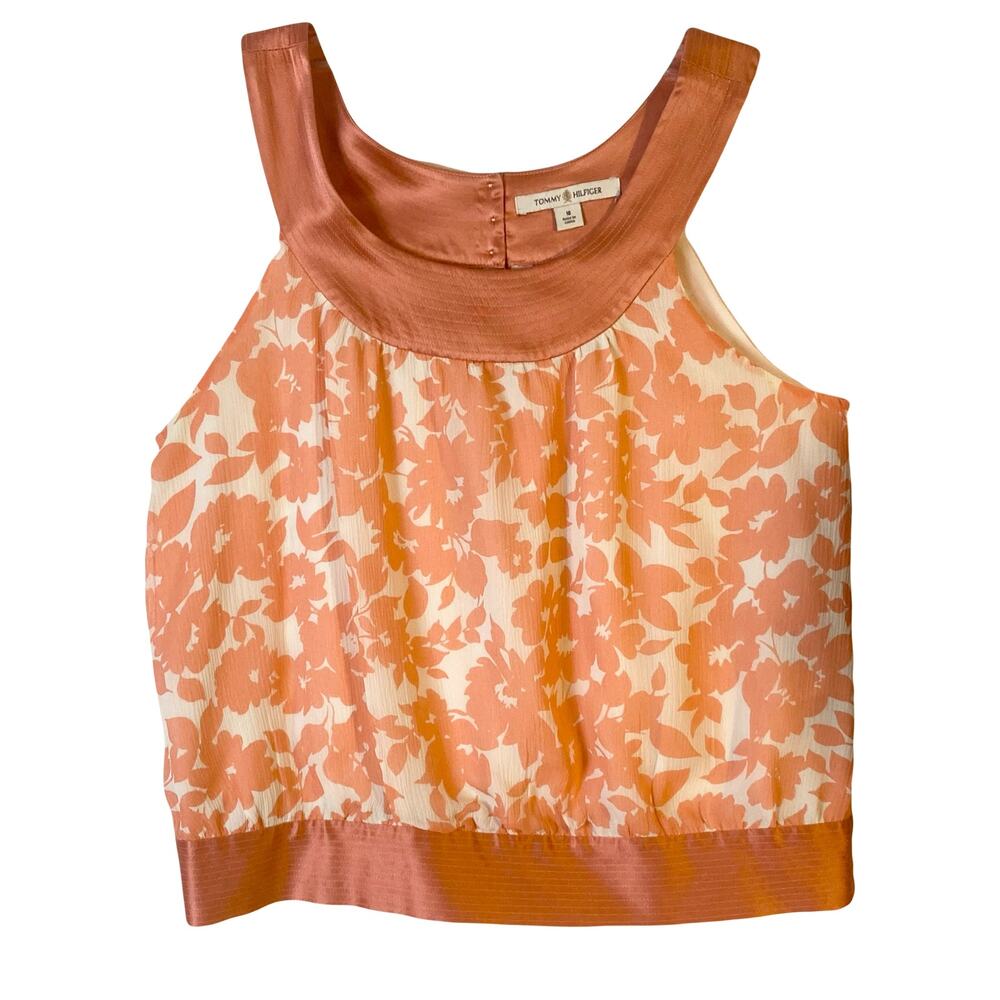 NWOT TOMMY HILFIGER Blouse 10 Vintage Coral Silk Satin Chiffon Floral Sleeveless